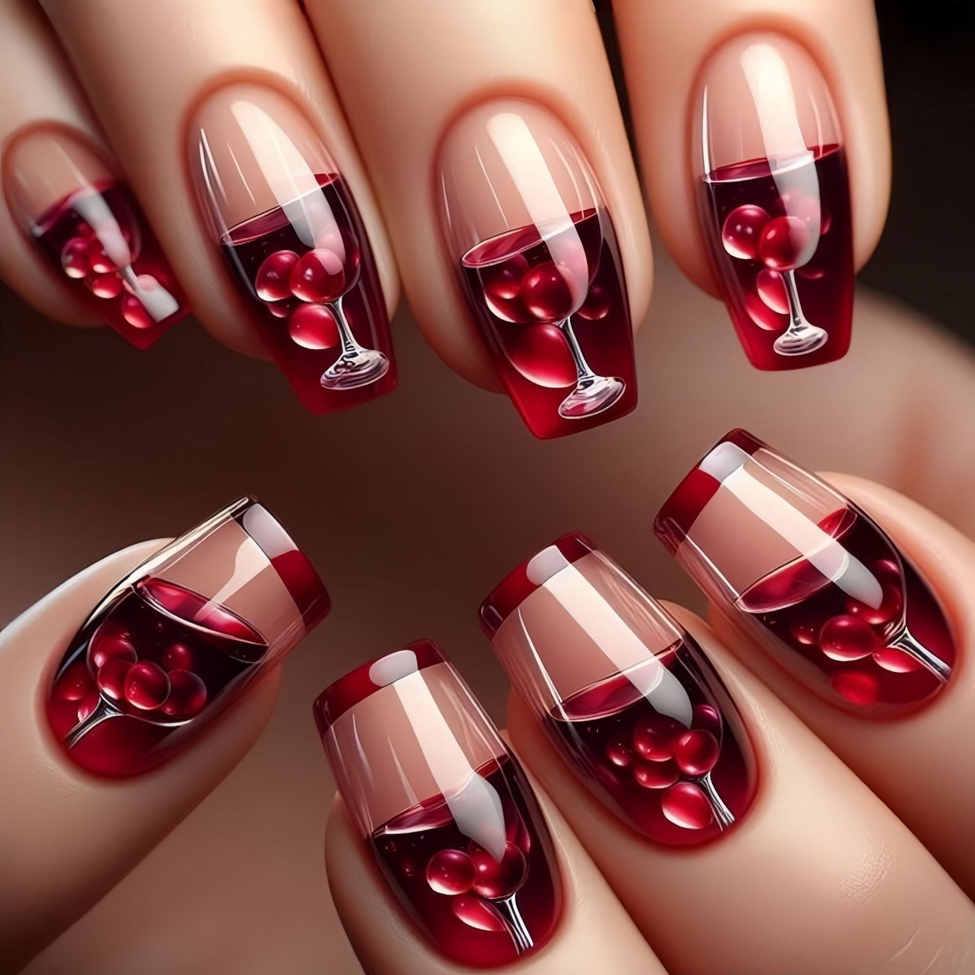 Nail Art Red Wine - Unhas falsas médias e longas para
